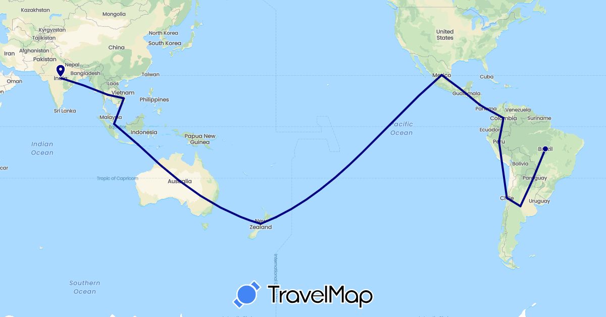 TravelMap itinerary: driving in Argentina, Australia, Brazil, Chile, Colombia, Costa Rica, Indonesia, India, Mexico, New Zealand, Panama, Peru, Singapore, Thailand, Vietnam (Asia, North America, Oceania, South America)